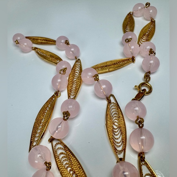 Vintage Trifari Pink Beaded & Gold-tone Trifanium Necklace - Picture 11 of 11